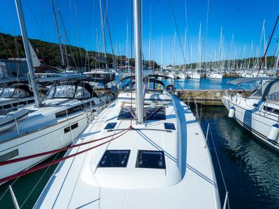 Deck of Cygnus, a Dufour 460 Grand Large sailboat at Grad Pula, Croatia