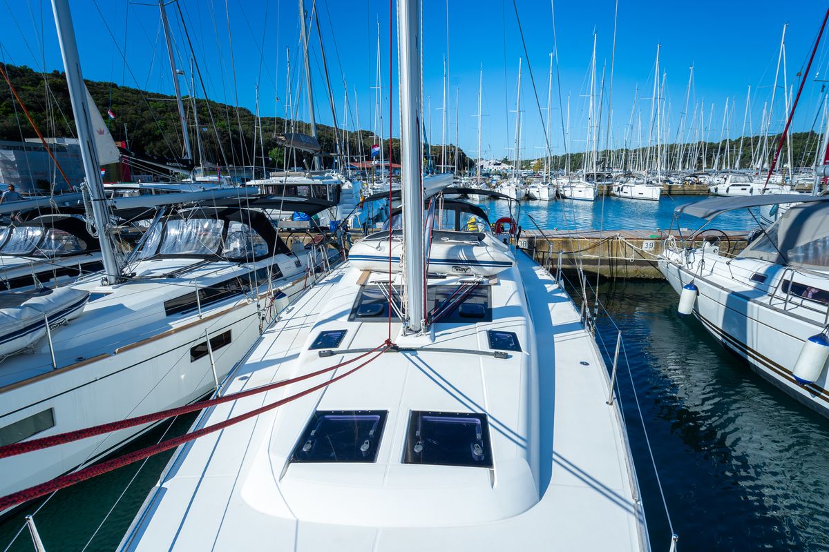 Deck of Cygnus, a Dufour 460 Grand Large sailboat at Grad Pula, Croatia