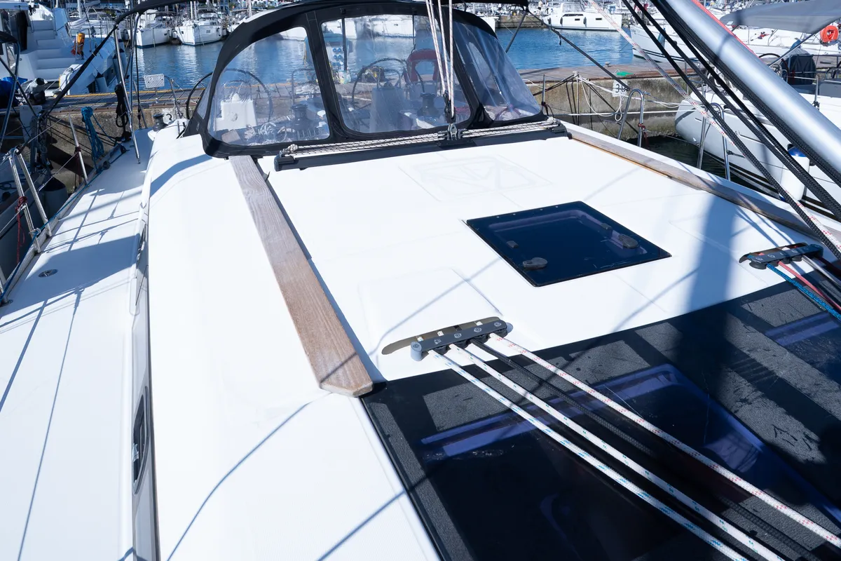 Deck of Cygnus, a Dufour 460 Grand Large sailboat at Grad Pula, Croatia