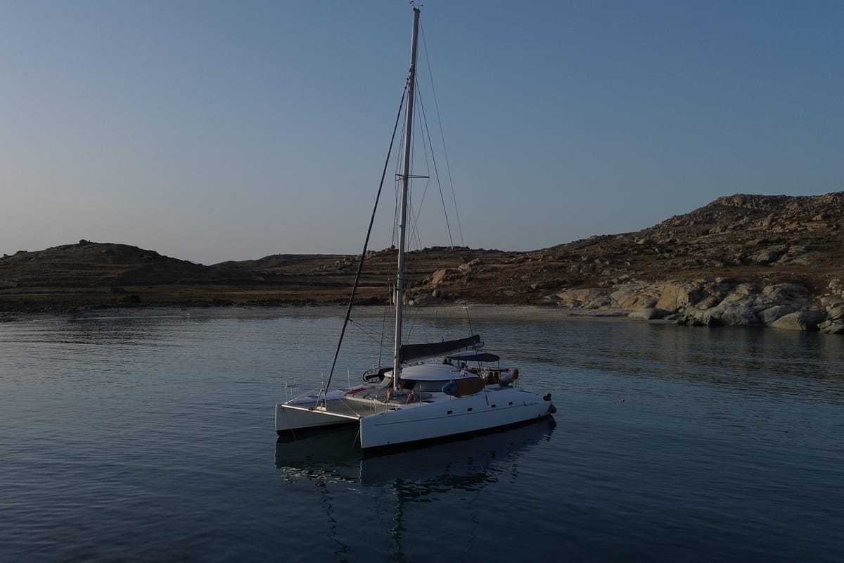 Exterior view of Vetrogon, a Fountaine Pajot Bahia 46 catamaran at Mykonos, Greece