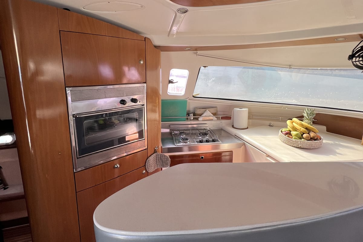 Galley of Vetrogon, a Fountaine Pajot Bahia 46 catamaran at Mykonos, Greece
