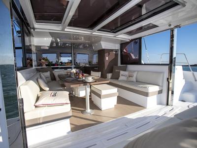 Salon of Viola, a Bali Catspace catamaran at Grad Šibenik, Croatia