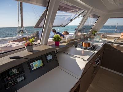 Cockpit of Viola, a Bali Catspace catamaran at Grad Šibenik, Croatia