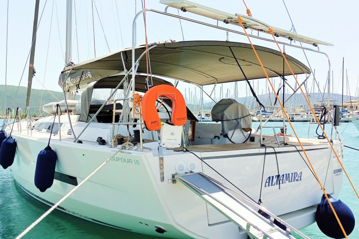 Exterior view of Altamira, a Dufour 560 GL sailboat at Municipal Unit of Lefkada, Greece