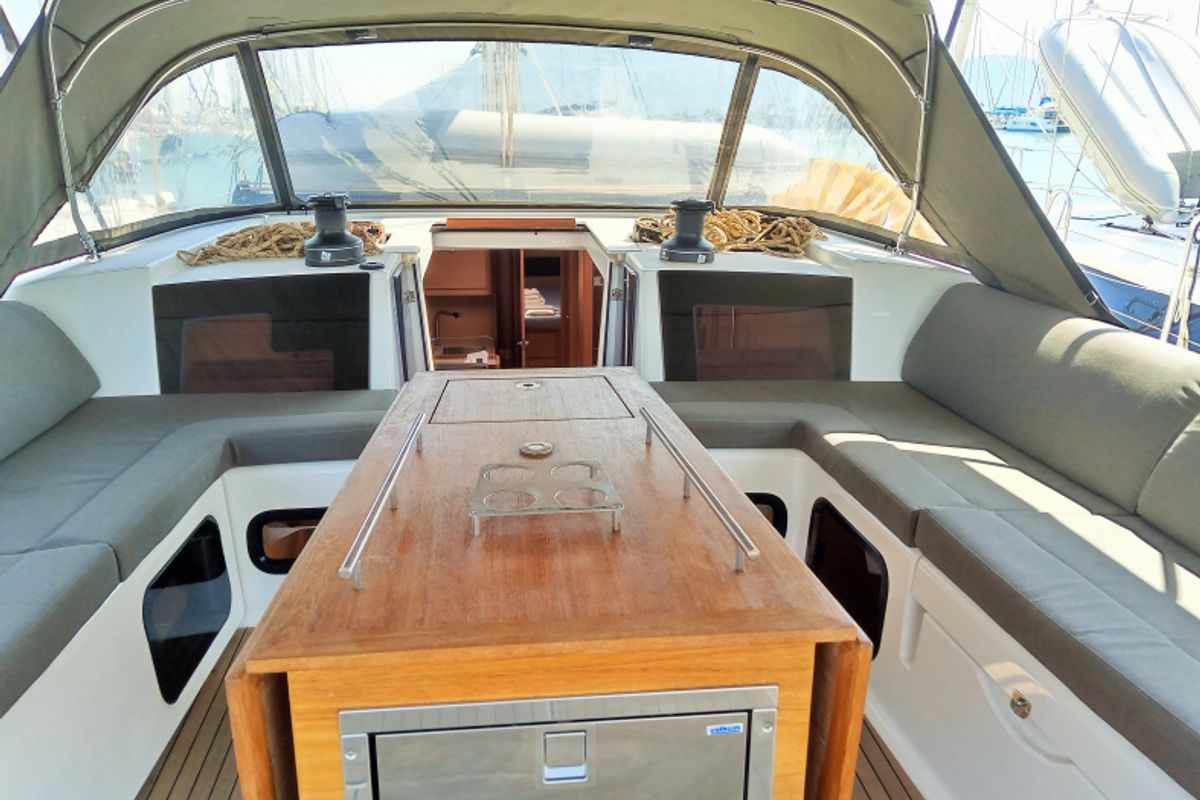 Deck of Altamira, a Dufour 560 GL sailboat at Municipal Unit of Lefkada, Greece