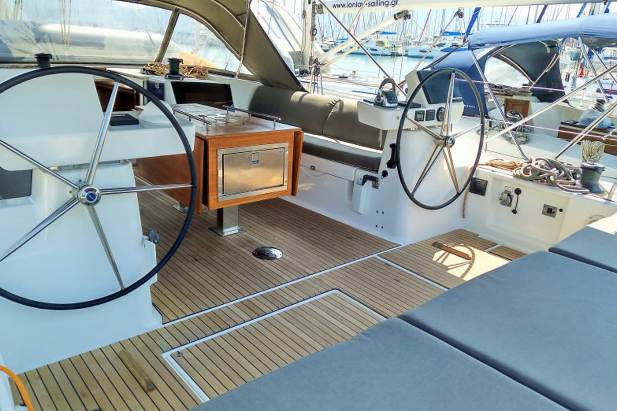 Cockpit of Altamira, a Dufour 560 GL sailboat at Municipal Unit of Lefkada, Greece