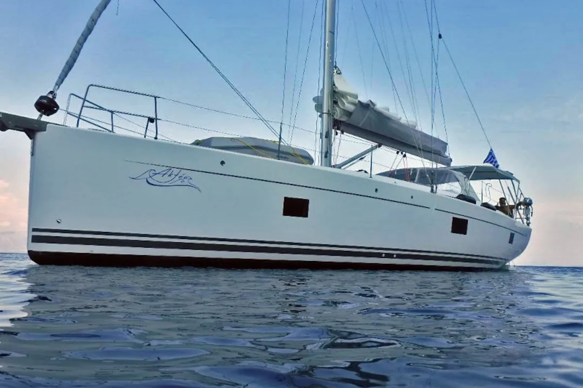 Exterior view of Aktea, a Hanse Yachts Hanse 508 sailboat at Lavreotiki Municipal Unit, Greece