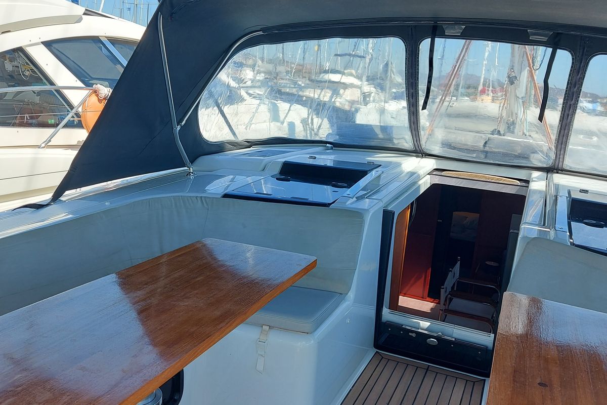 Deck of Aktea, a Hanse Yachts Hanse 508 sailboat at Lavreotiki Municipal Unit, Greece