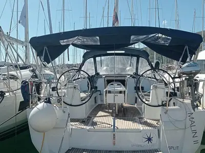Cockpit of Malin II, a Jeanneau Sun Odyssey 479 sailboat at Seget Donji, Croatia