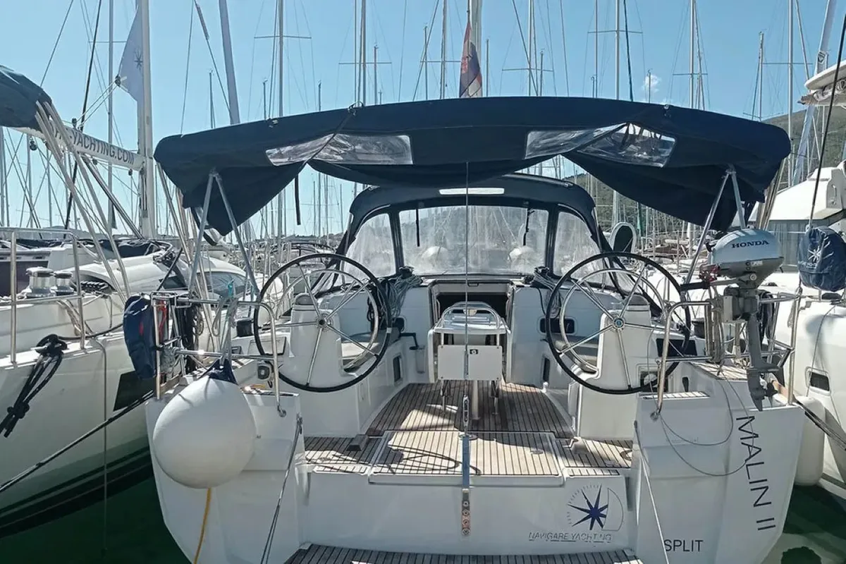 Cockpit of Malin II, a Jeanneau Sun Odyssey 479 sailboat at Seget Donji, Croatia