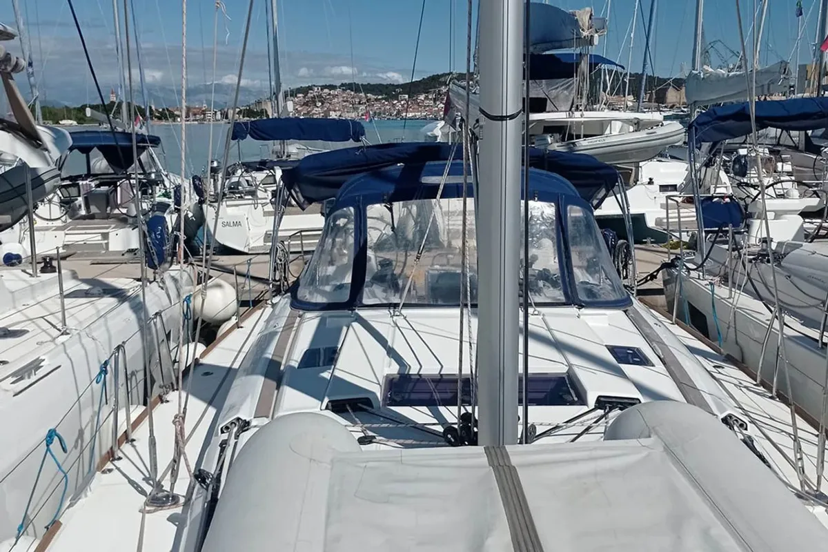Deck of Malin II, a Jeanneau Sun Odyssey 479 sailboat at Seget Donji, Croatia