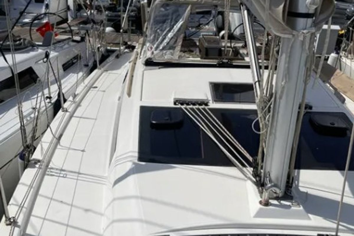 Deck of Maestro, a Dufour 390 GL sailboat at Municipal Unit of Apollonioi, Greece