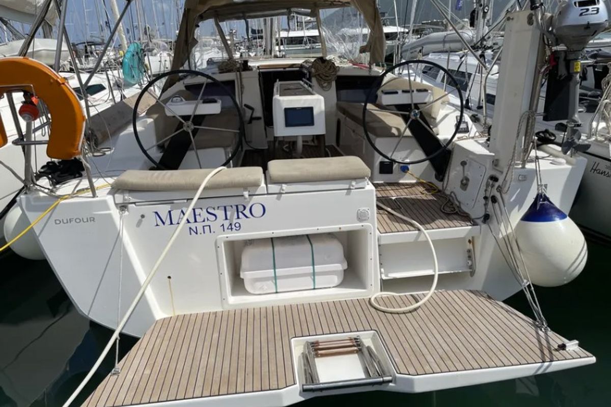 Exterior view of Maestro, a Dufour 390 GL sailboat at Municipal Unit of Apollonioi, Greece