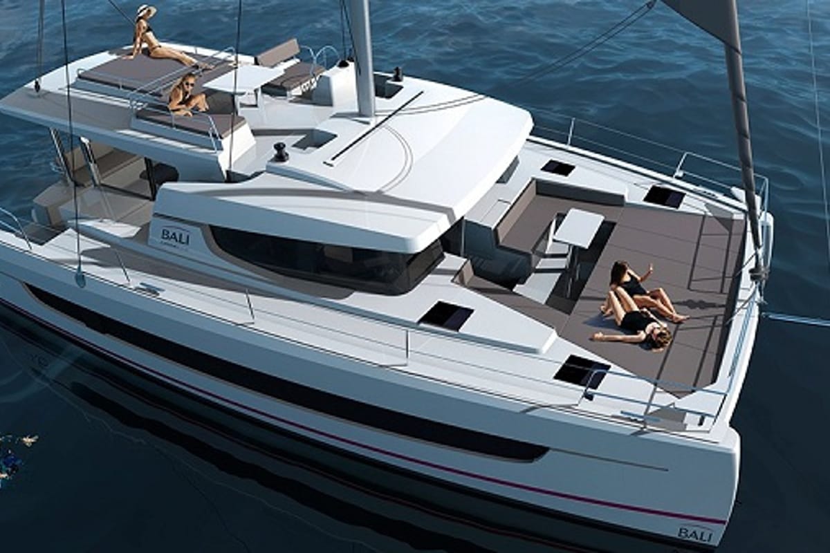 Exterior view of Ani Yasa, a Bali 4.6 catamaran at Fethiye, Turkey