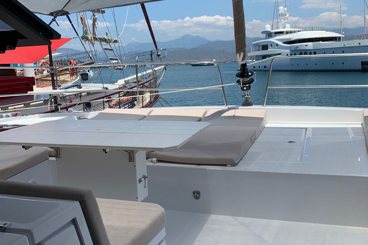Deck of Ani Yasa, a Bali 4.6 catamaran at Fethiye, Turkey