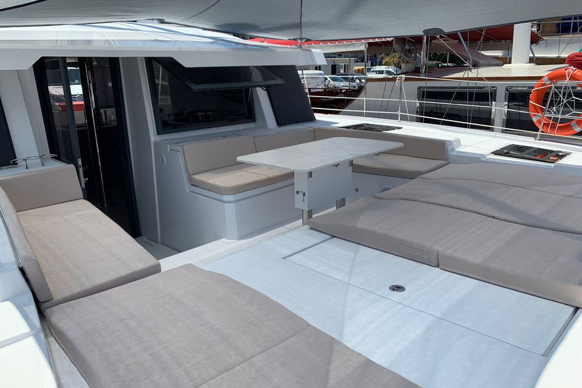 Deck of Ani Yasa, a Bali 4.6 catamaran at Fethiye, Turkey