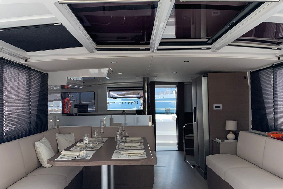 Salon of Ani Yasa, a Bali 4.6 catamaran at Fethiye, Turkey
