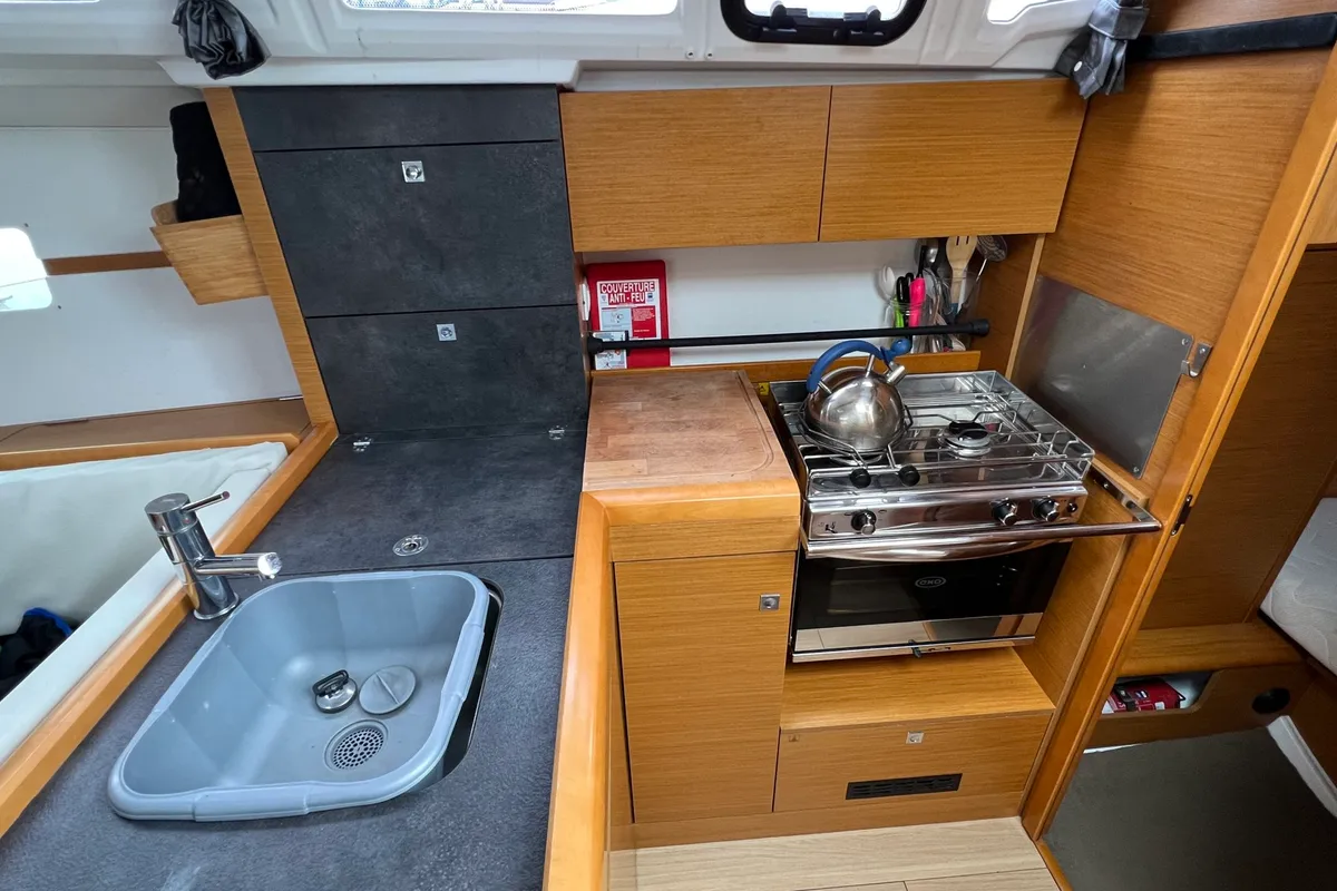 Galley of Kashmir, a Jeanneau Sun Odyssey 349 sailboat at Port Navalo, France