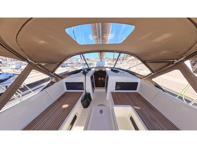 Cockpit of Alboran Vino Blanco, a Jeanneau Sun Odyssey 490 sailboat at es Jonquet, Spain