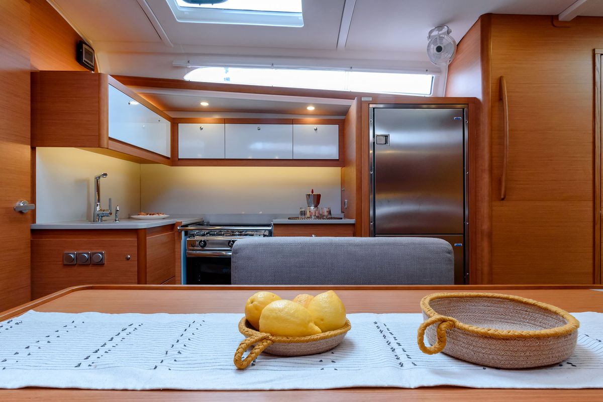 Salon of Dione, a Dufour 470 sailboat at Cannigione, Italy