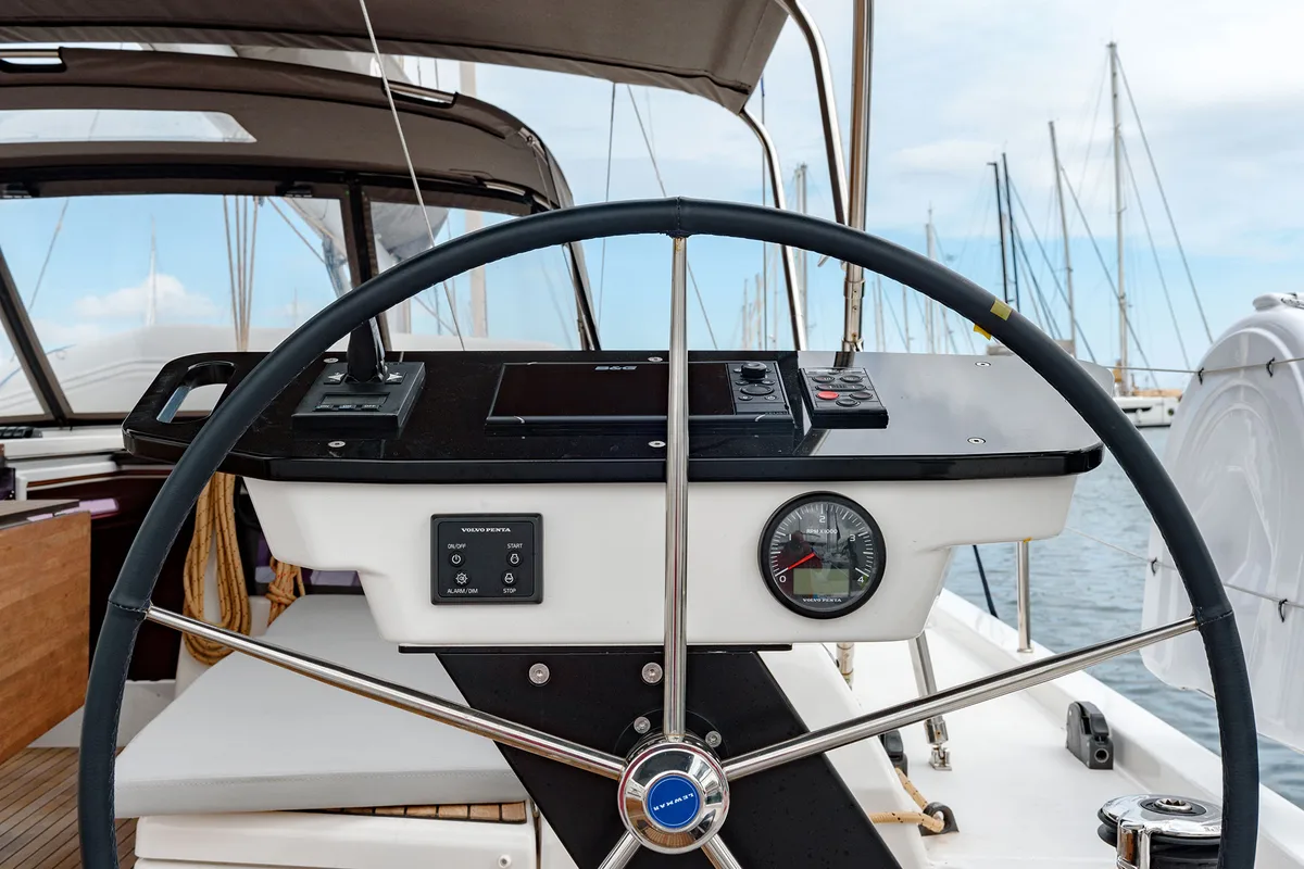 Exterior view of Dione, a Dufour 470 sailboat at Cannigione, Italy