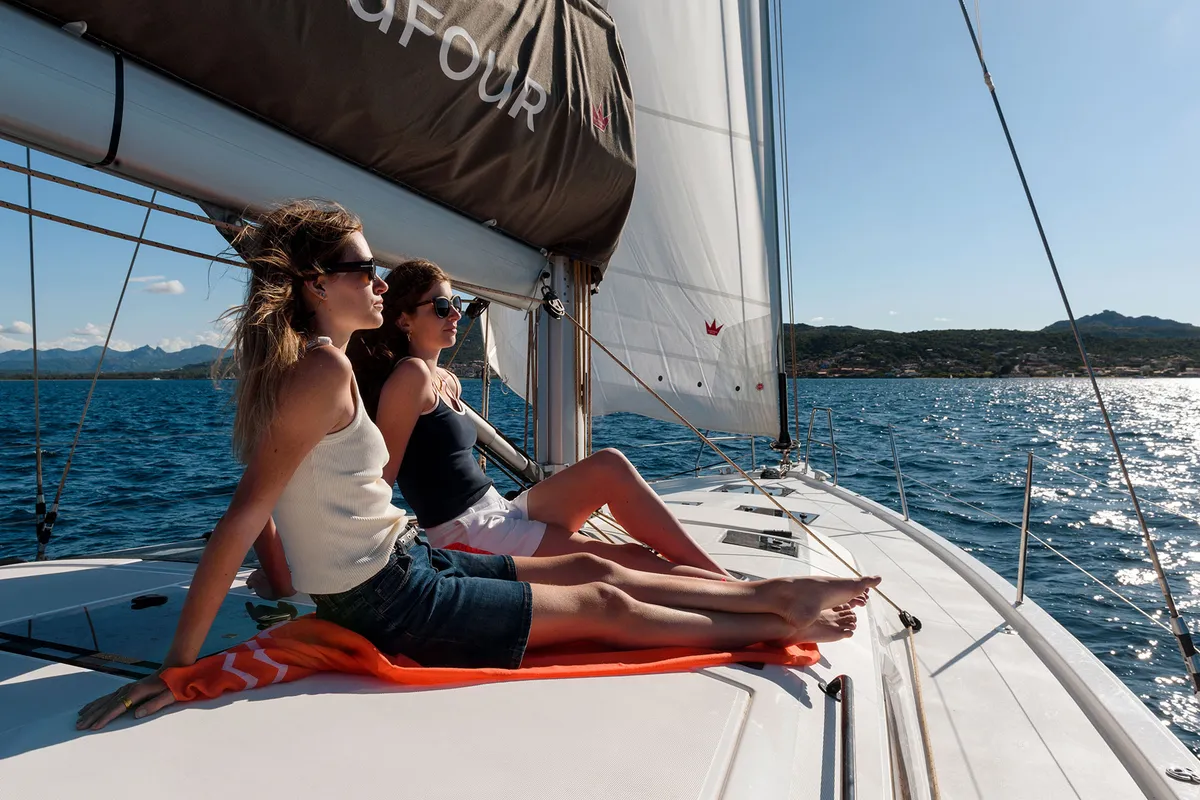 Exterior view of Dione, a Dufour 470 sailboat at Cannigione, Italy