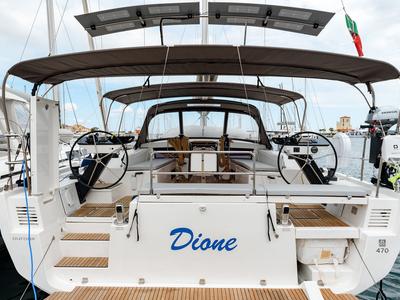 Deck of Dione, a Dufour 470 sailboat at Cannigione, Italy