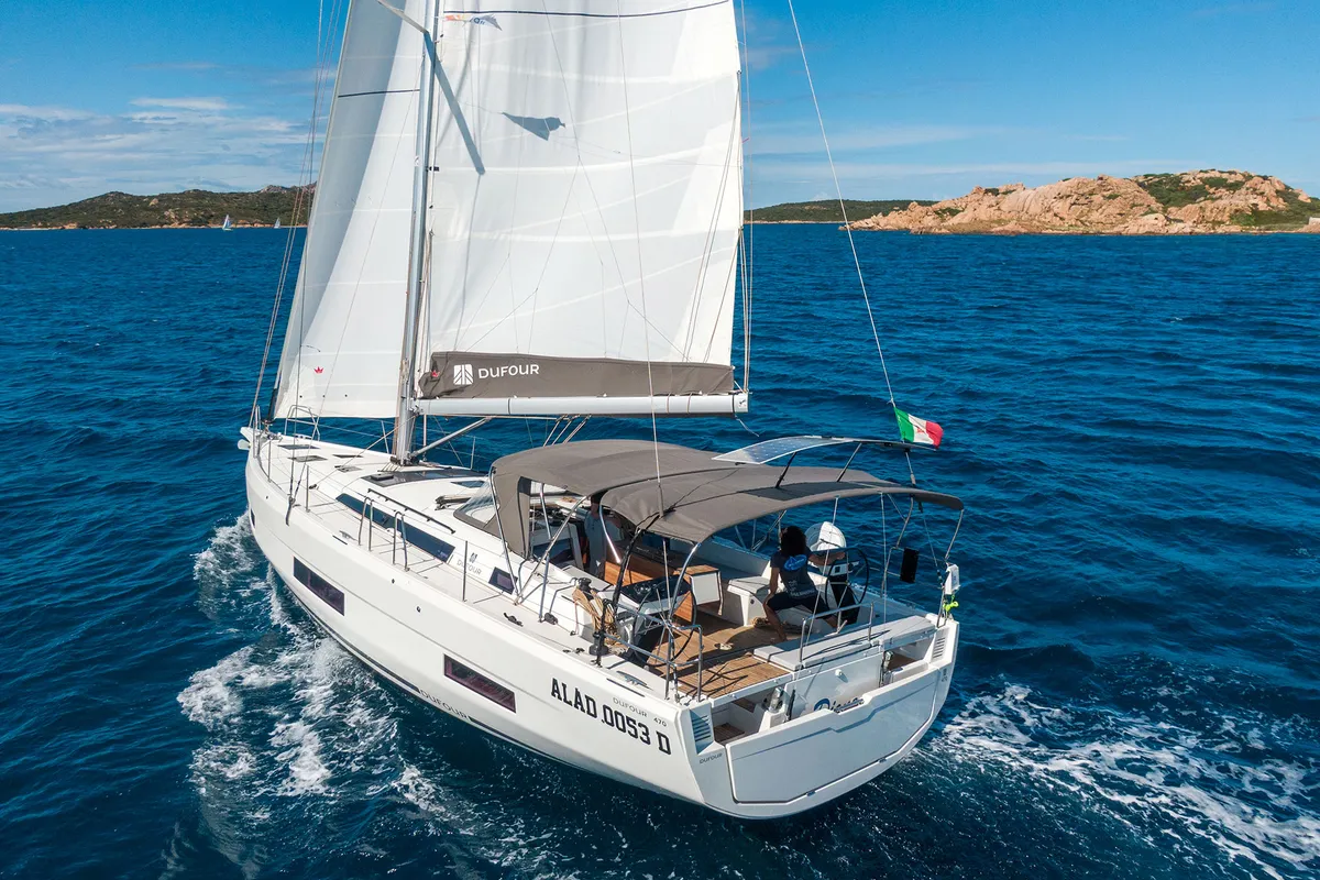 Exterior view of Dione, a Dufour 470 sailboat at Cannigione, Italy