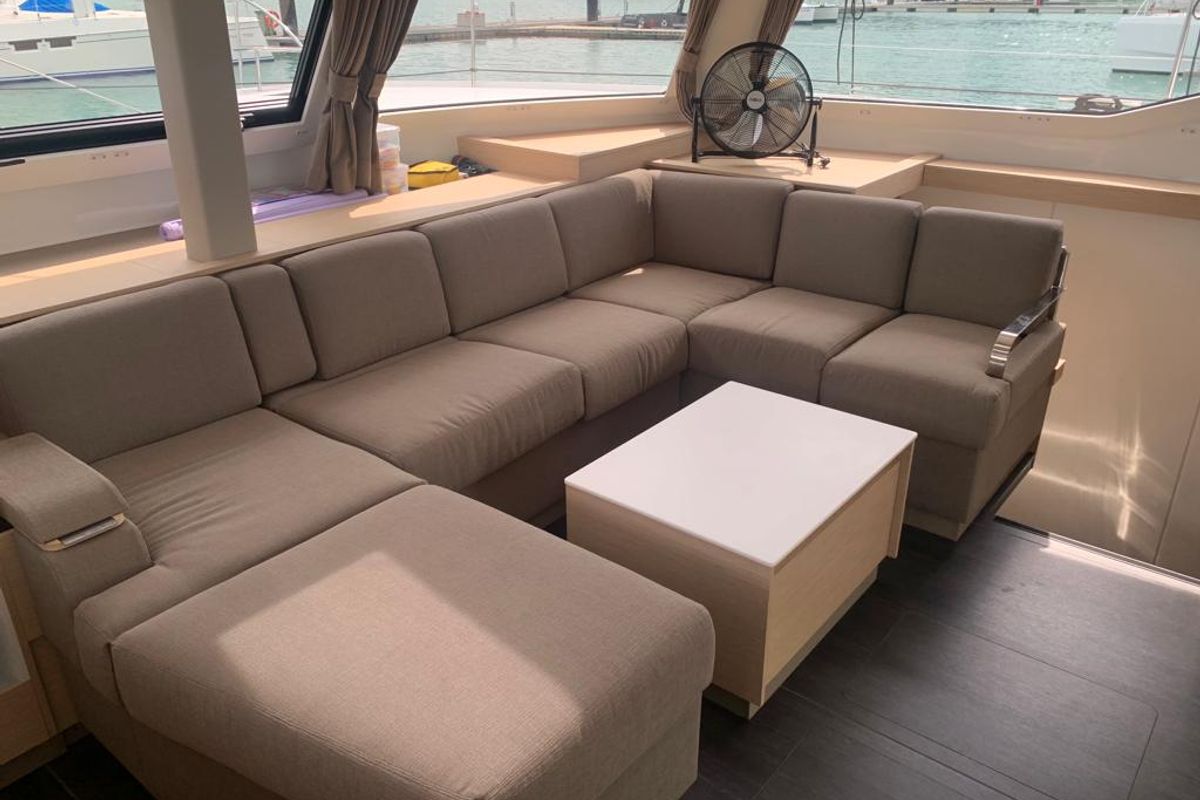 Salon of Shavasan, a Fountaine Pajot Elba 45 catamaran at Mai Khao, Thailand