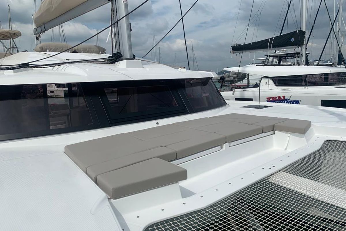 Deck of Shavasan, a Fountaine Pajot Elba 45 catamaran at Mai Khao, Thailand