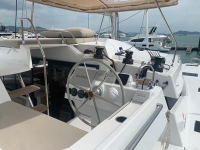 Cockpit of Shavasan, a Fountaine Pajot Elba 45 catamaran at Mai Khao, Thailand
