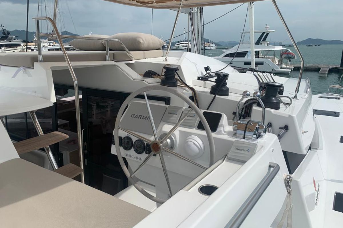 Cockpit of Shavasan, a Fountaine Pajot Elba 45 catamaran at Mai Khao, Thailand