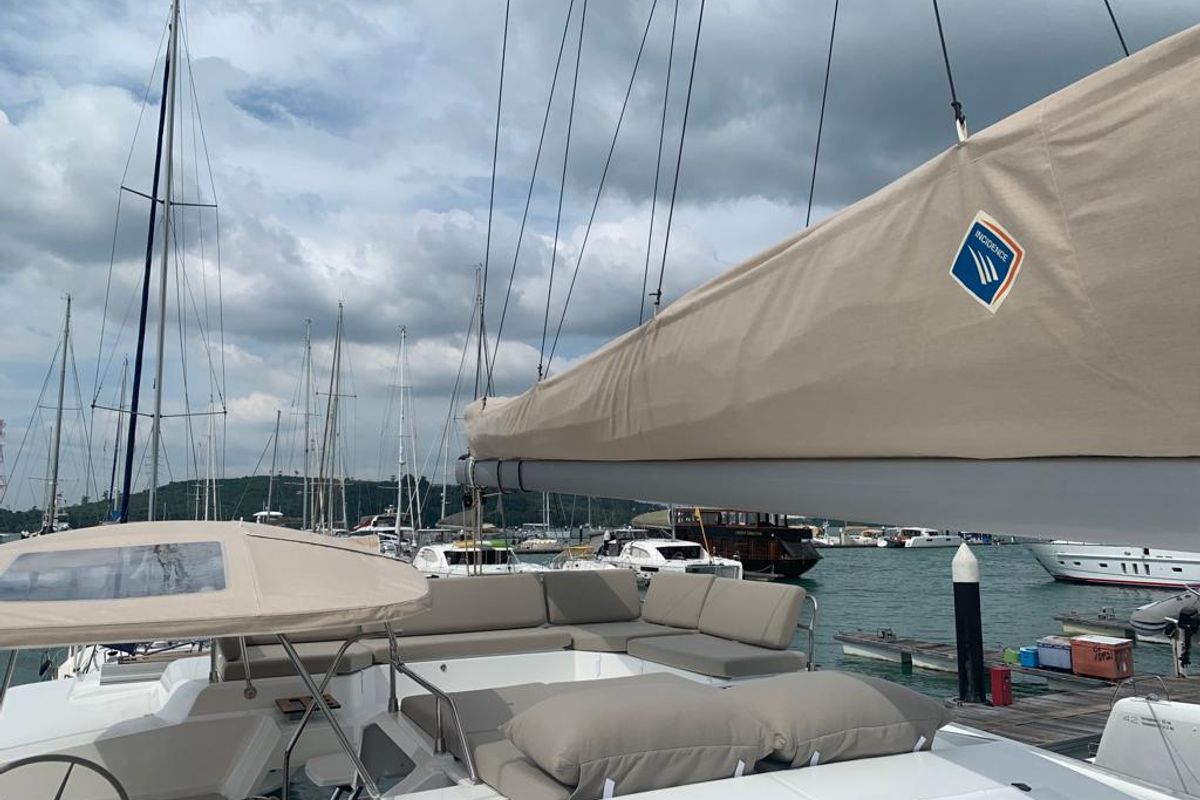 Deck of Shavasan, a Fountaine Pajot Elba 45 catamaran at Mai Khao, Thailand