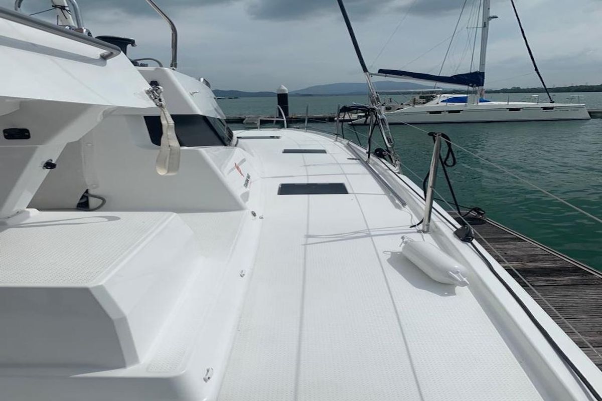 Deck of Shavasan, a Fountaine Pajot Elba 45 catamaran at Mai Khao, Thailand