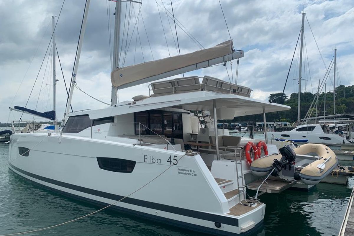 Exterior view of Shavasan, a Fountaine Pajot Elba 45 catamaran at Mai Khao, Thailand