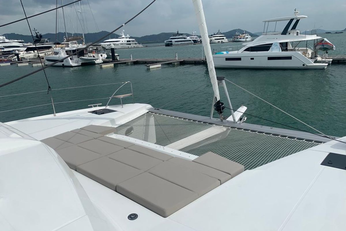 Deck of Shavasan, a Fountaine Pajot Elba 45 catamaran at Mai Khao, Thailand