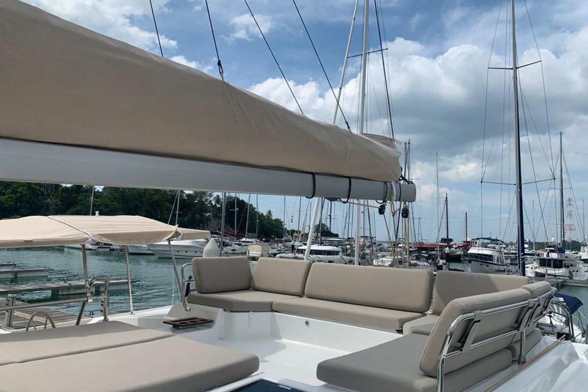 Deck of Shavasan, a Fountaine Pajot Elba 45 catamaran at Mai Khao, Thailand