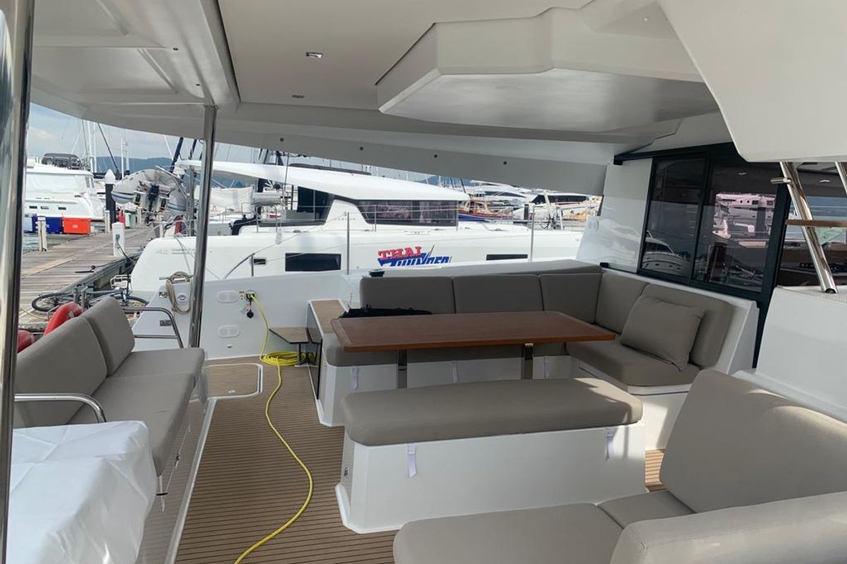 Deck of Shavasan, a Fountaine Pajot Elba 45 catamaran at Mai Khao, Thailand