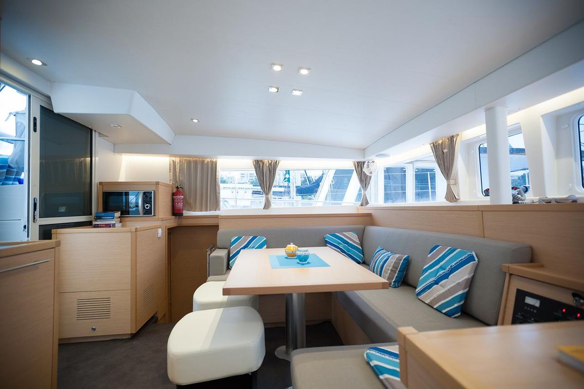 Salon of Lady Dom, a Lagoon 400 S2 catamaran at Sithonia Municipal Unit, Greece