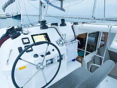 Cockpit of Lady Dom, a Lagoon 400 S2 catamaran at Sithonia Municipal Unit, Greece