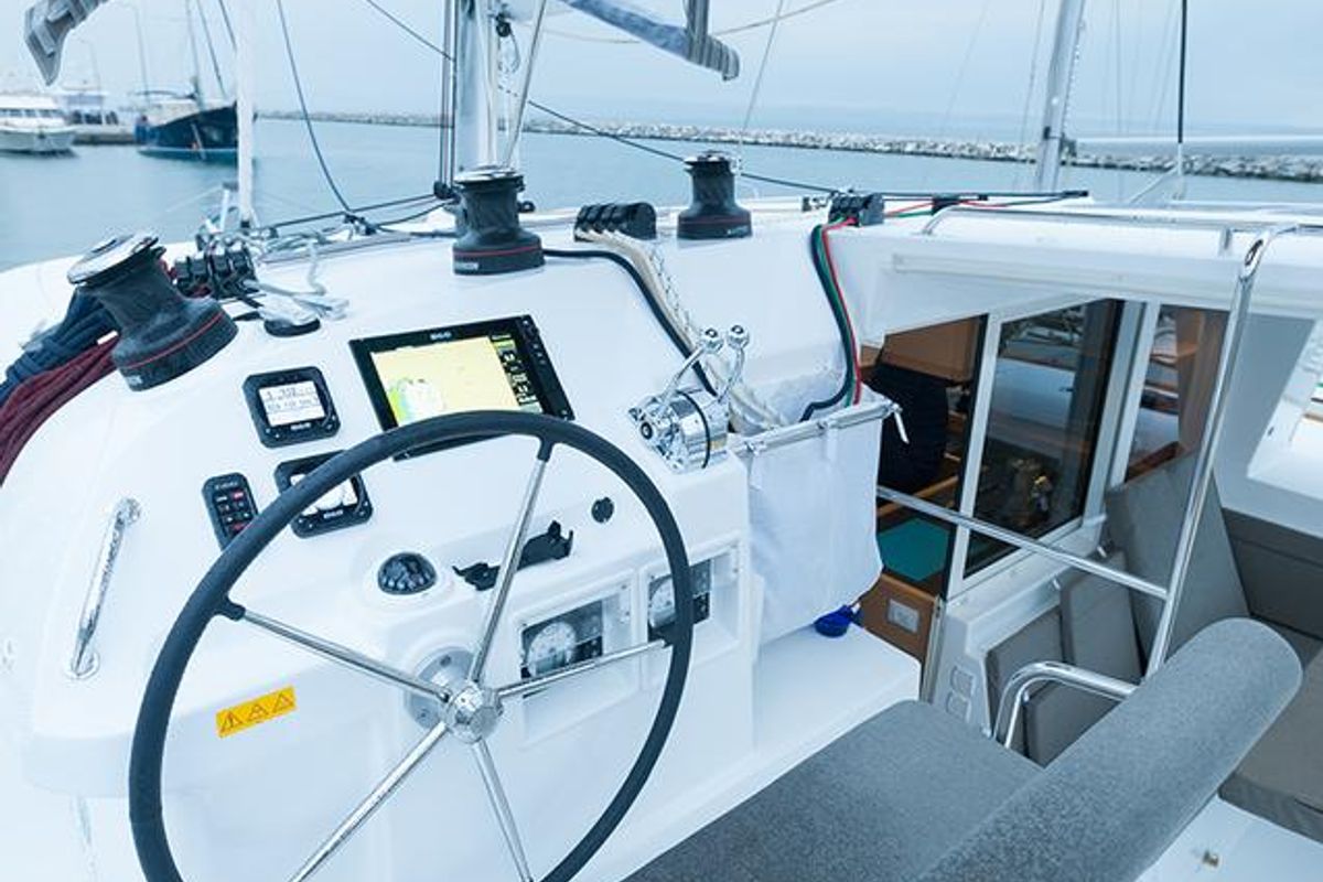 Cockpit of Lady Dom, a Lagoon 400 S2 catamaran at Sithonia Municipal Unit, Greece