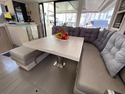 Salon of Marina, a Leopard 45 catamaran at Athens, Greece