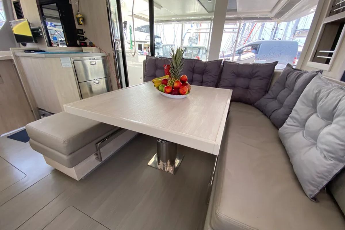 Salon of Marina, a Leopard 45 catamaran at Athens, Greece