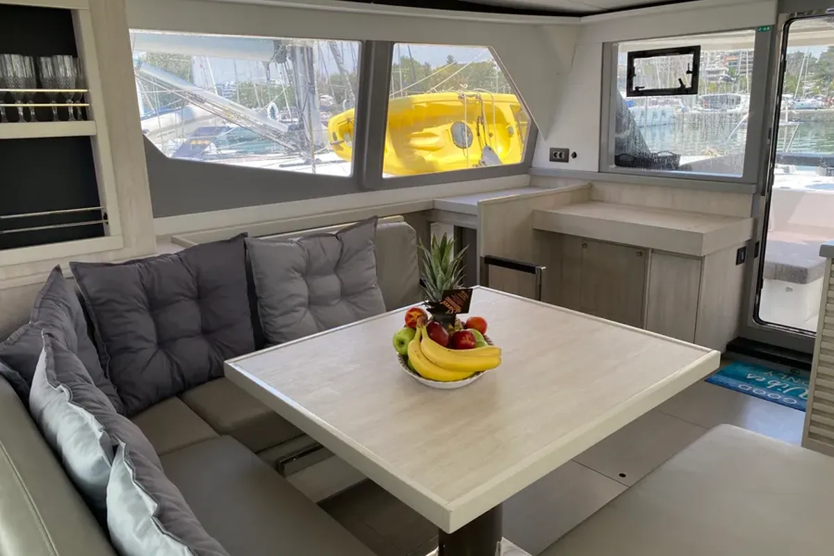 Salon of Marina, a Leopard 45 catamaran at Athens, Greece