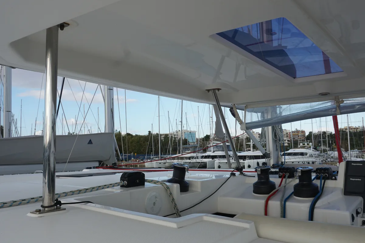 Cockpit of Marina, a Leopard 45 catamaran at Athens, Greece