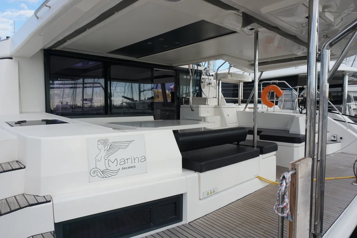 Deck of Marina, a Leopard 45 catamaran at Athens, Greece
