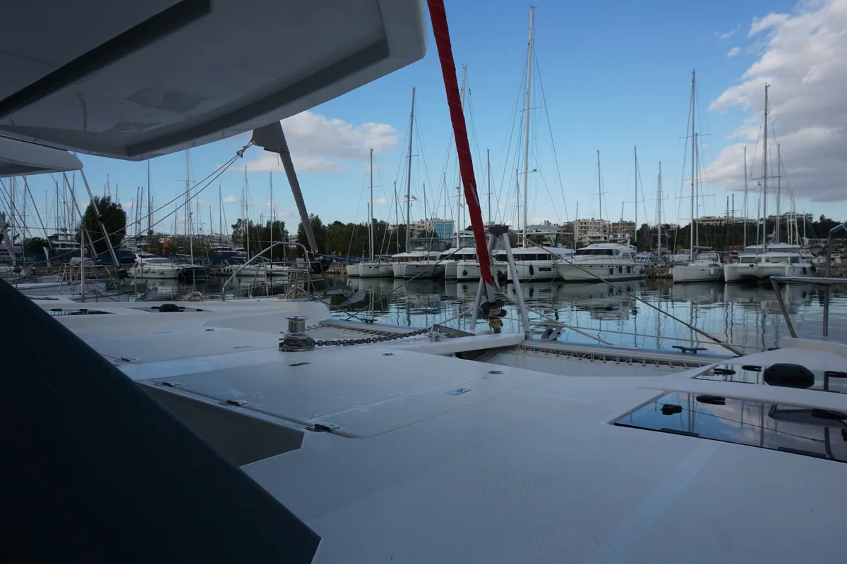 Deck of Marina, a Leopard 45 catamaran at Athens, Greece