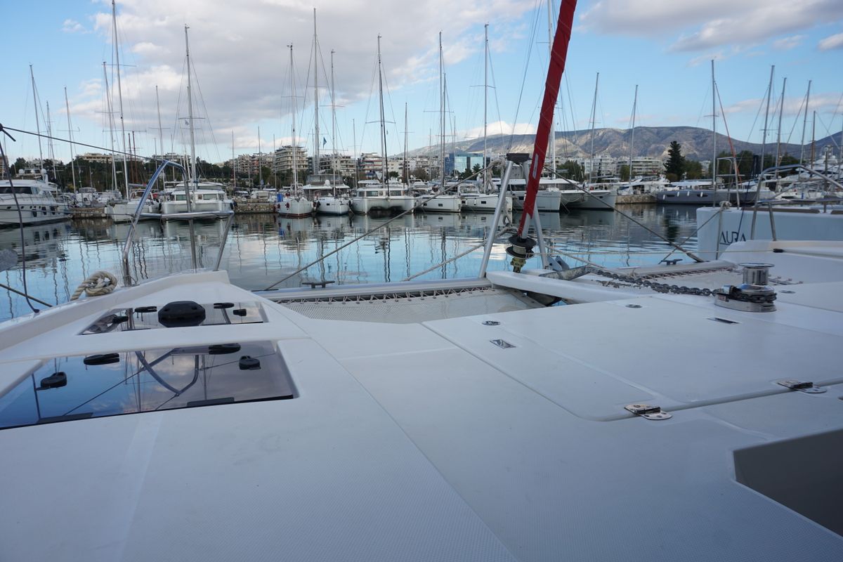 Deck of Marina, a Leopard 45 catamaran at Athens, Greece