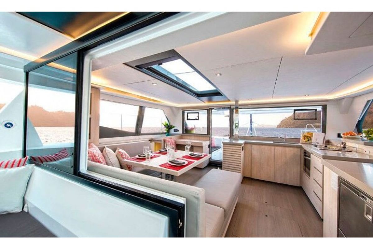 Salon of Marina, a Leopard 45 catamaran at Athens, Greece