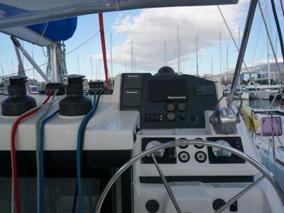 Cockpit of Marina, a Leopard 45 catamaran at Athens, Greece